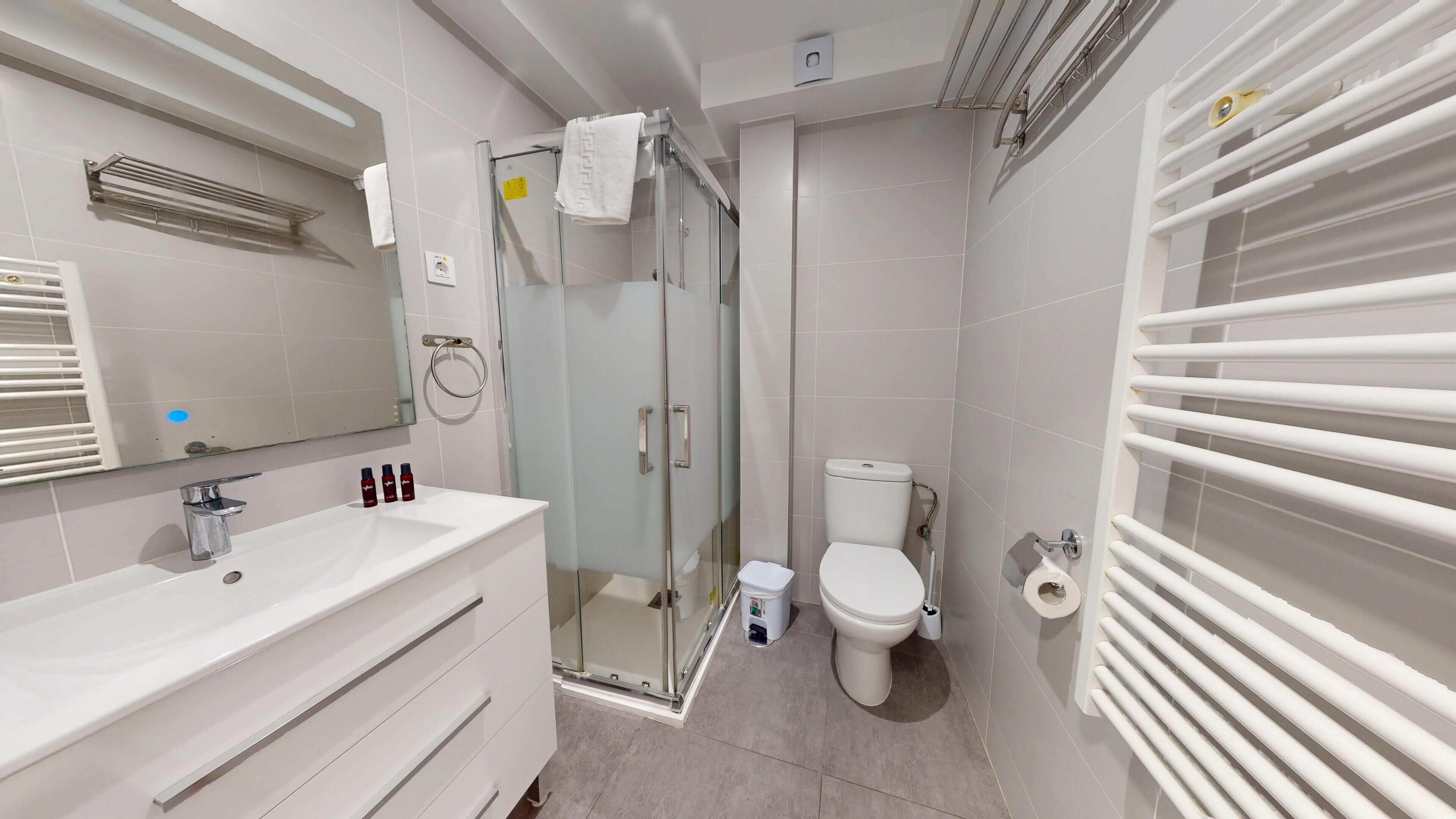 Un baño moderno con ducha envuelta en vidrio, un lavamanos blanco con espejo y un inodoro.