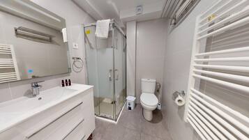 Un baño moderno con ducha envuelta en vidrio, un lavamanos blanco con espejo y un inodoro.