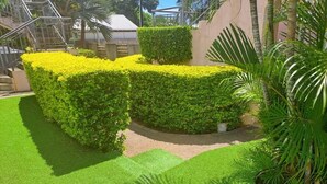 A landscaped garden with neatly trimmed hedges and artificial grass.