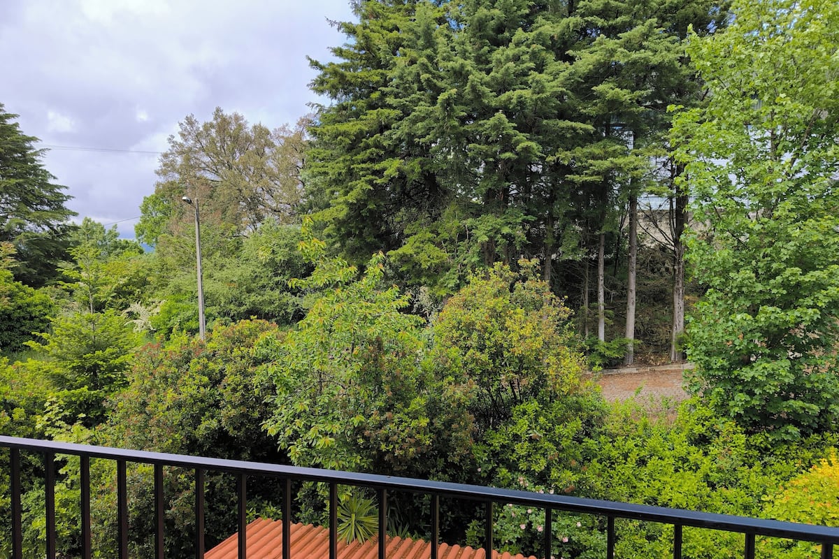 En balkon med rødt tag, omgivet af frodig grøn vegetation og høje træer.