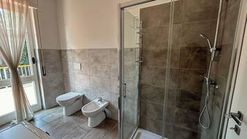 Shower, hair dryer, bidet, towels