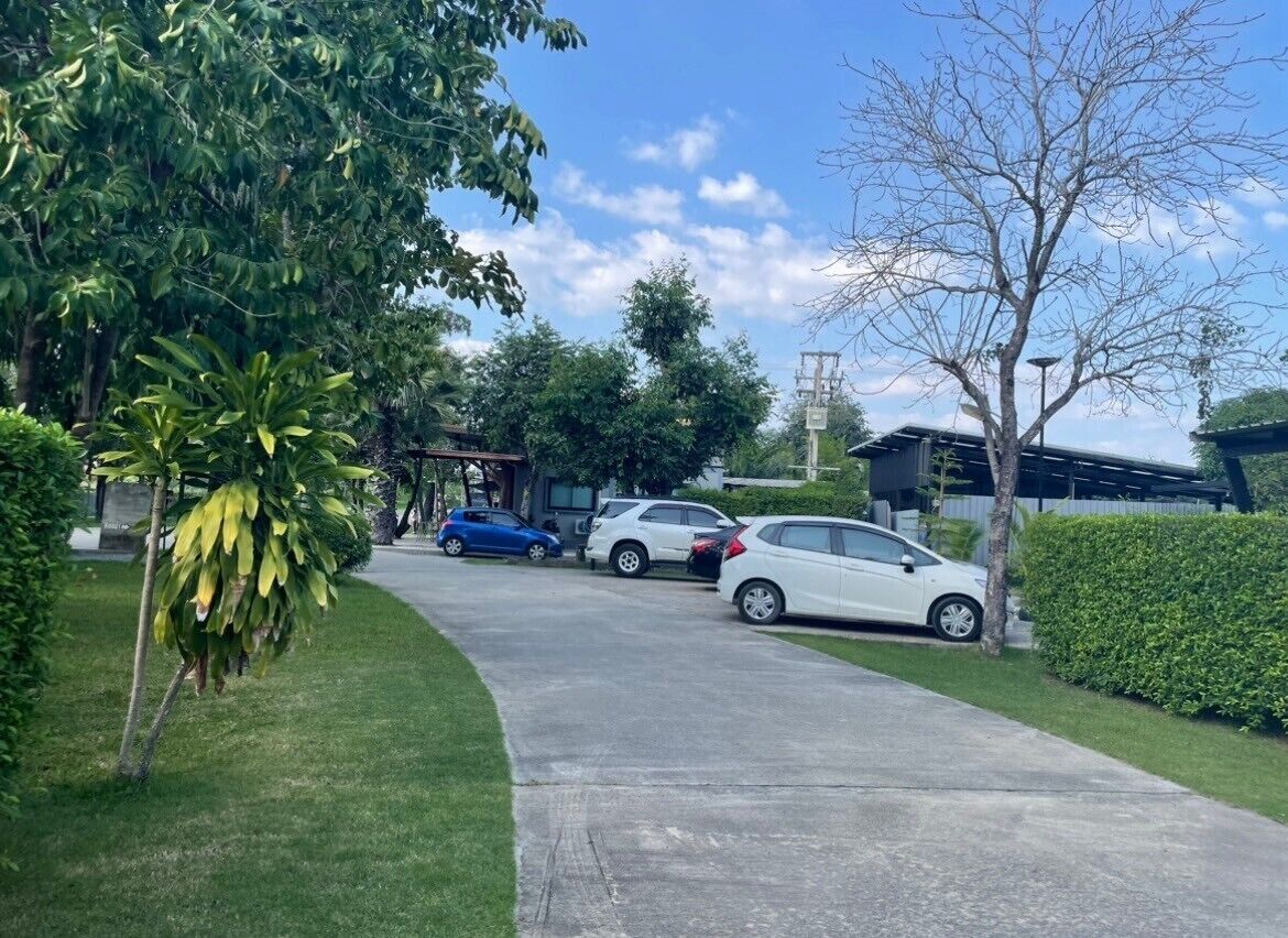 A residential driveway with parked cars, a clear sky, and surrounding greenery.