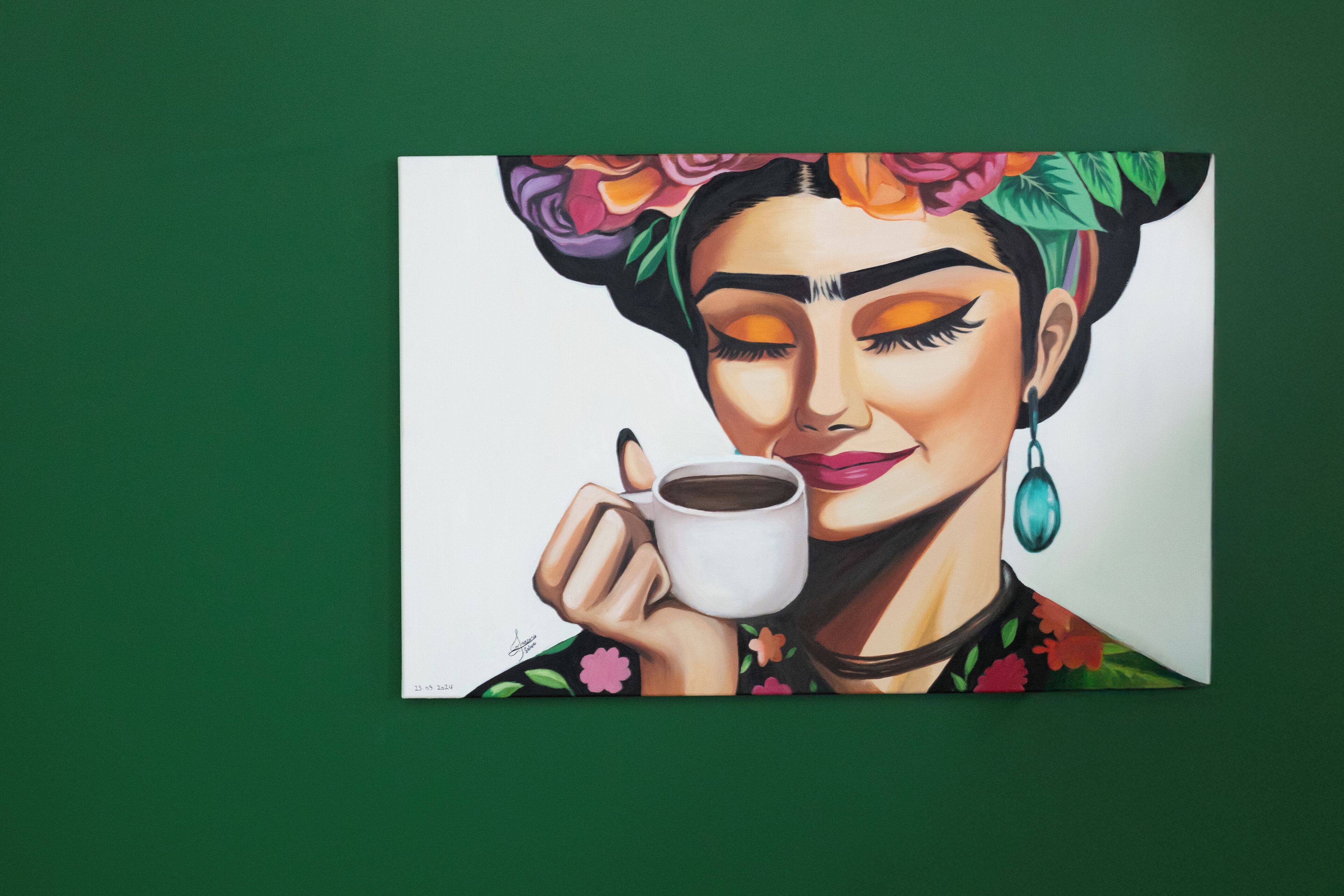 A painting of a person holding a cup, with a green background.