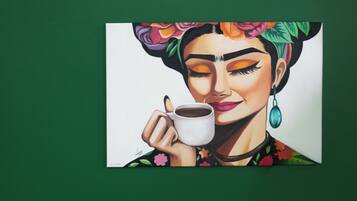 A painting of a person holding a cup, with a green background.
