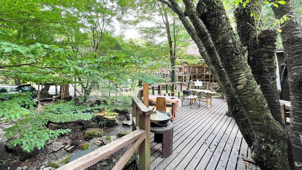 Eine Holzterrasse mit einem kleinen Teich, umgeben von Bäumen und einer Spielanlage aus Holz.