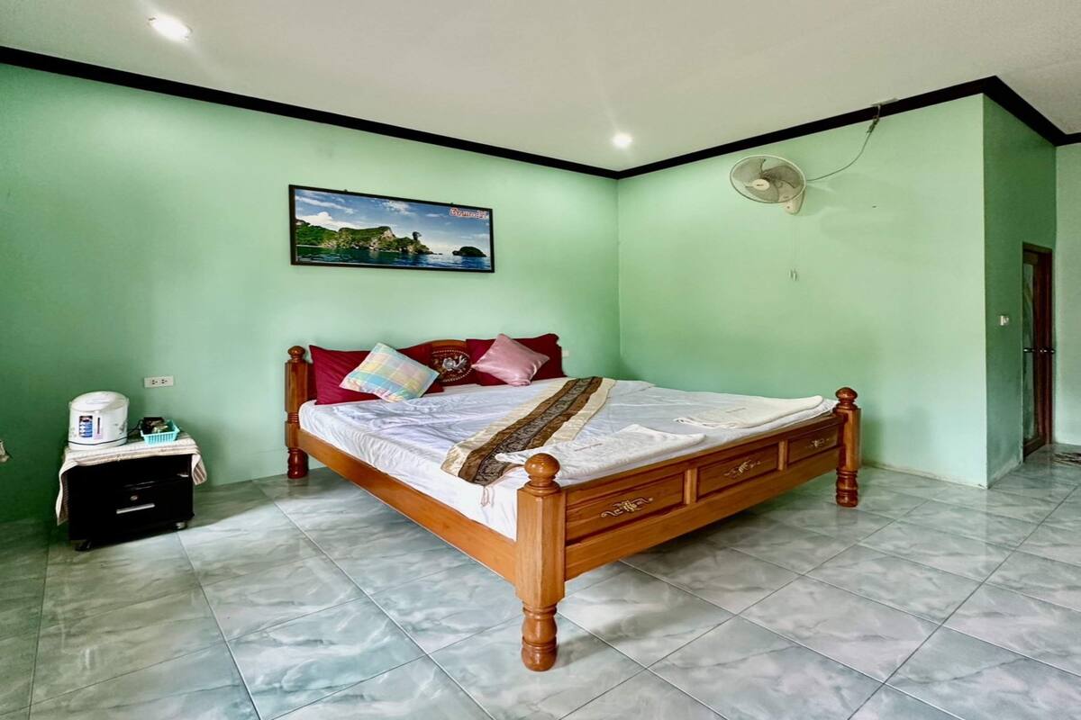 Desk, laptop workspace, blackout curtains, free WiFi