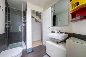 Shower, hair dryer, bidet, towels