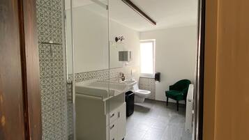 A modern bathroom with a glass shower enclosure, a vanity with a mirror, and a toilet.