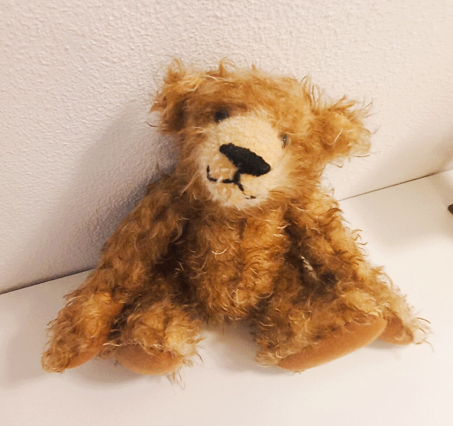 A teddy bear with curly fur and a black nose sitting against a white wall.