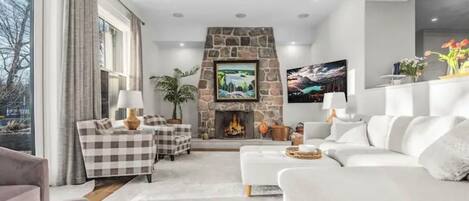 スマートテレビ、暖炉、書庫、プリンター