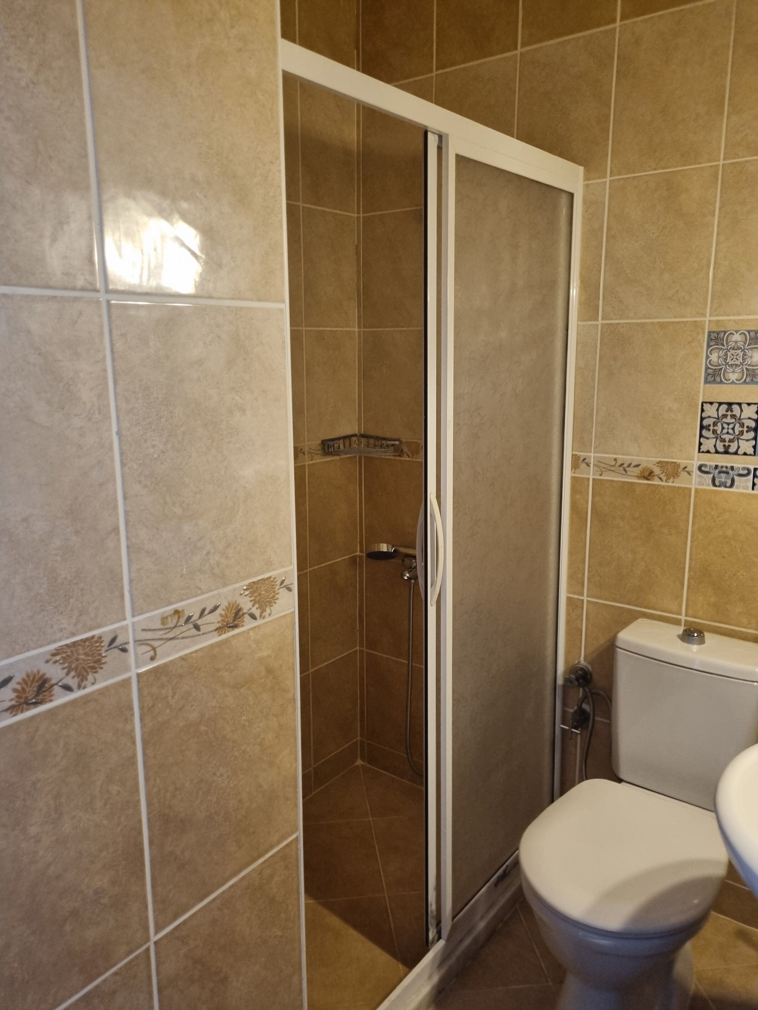 A bathroom with a shower, toilet, and tiled walls.
