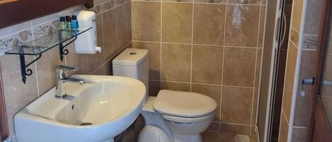 A compact bathroom with a pedestal sink, a toilet, and a shower area.