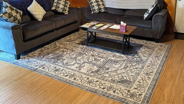 A cozy living room with two sofas, a coffee table, a patterned rug, and a ceiling fan. - Welcome Outdoor Enthusiasts! Direct ATV access.  (Bingham)