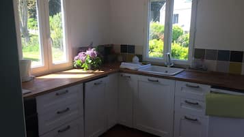 Een microgolfoven, een oven, een kookplaat, een vaatwasser