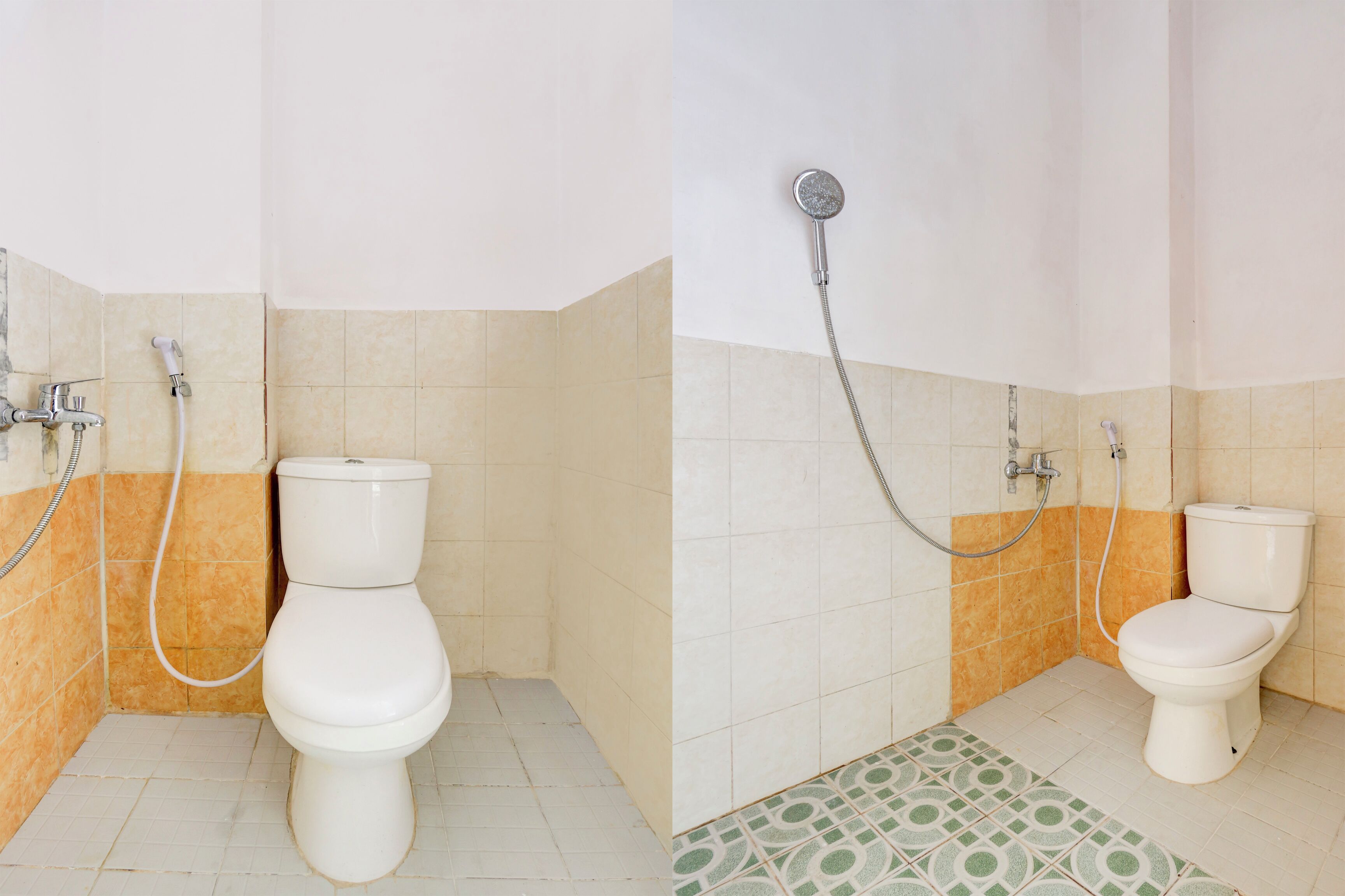 A bathroom with a toilet, a shower, and a patterned floor.