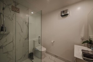 Douche, séchoir à cheveux, serviettes fournies