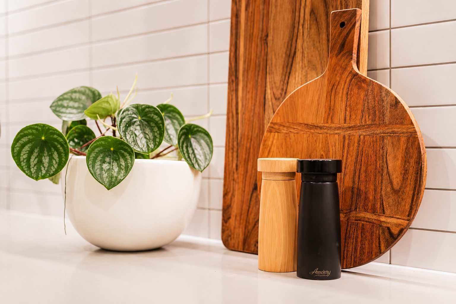 A white bowl with green plants, a wooden cutting board, and two pepper shakers on a white surface.