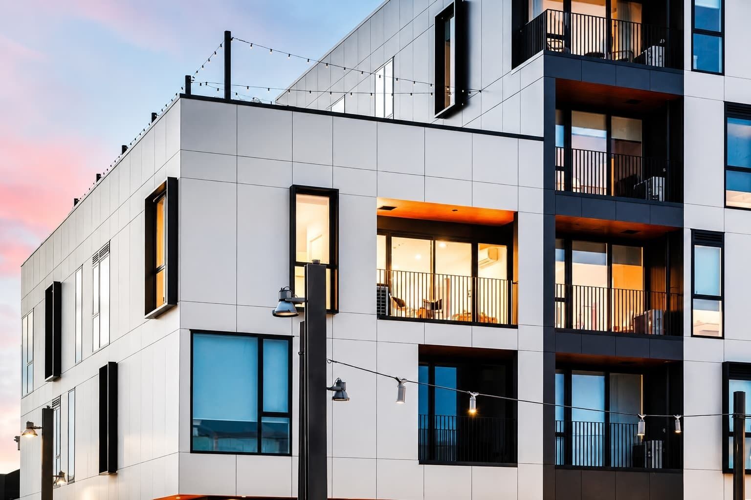 A modern multi-story building with balconies and large windows.