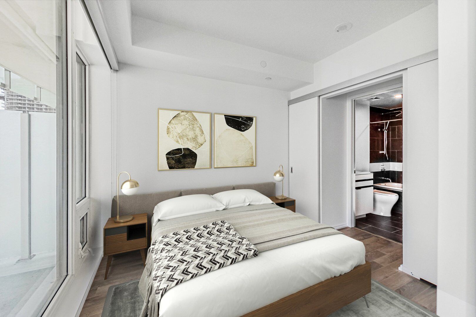 A modern bedroom with a large bed, bedside lamps, and artwork on the wall.