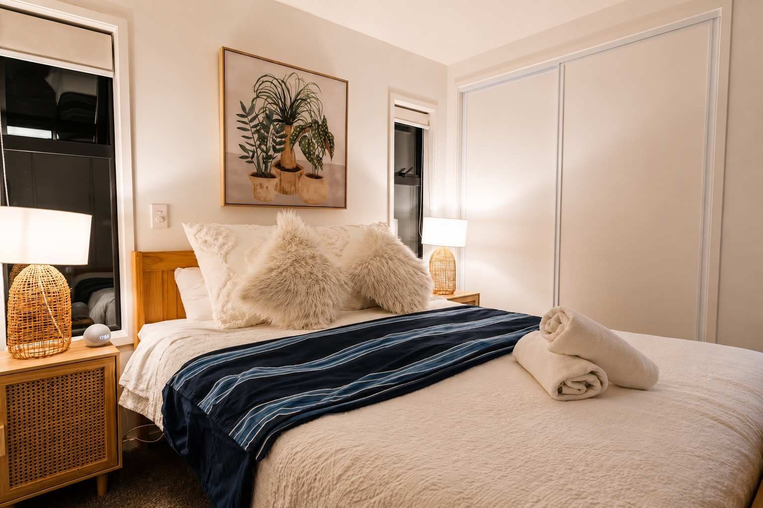 A hotel room with a bed, two bedside lamps, a painting, and a wardrobe.