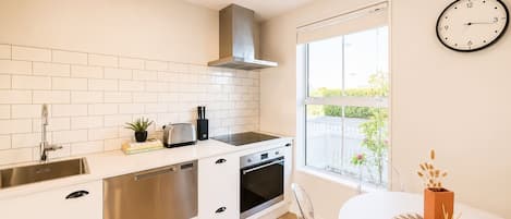 Coffee/tea maker, fridge, microwave, oven