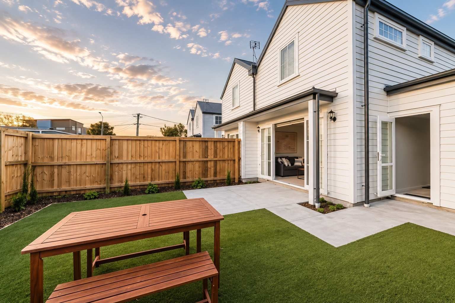 A residential backyard with a wooden table, a lawn, a wooden fence, and a house with a garage.