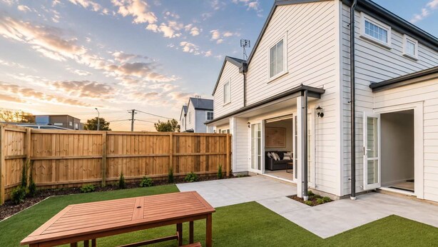 A residential backyard with a wooden table, a lawn, a wooden fence, and a house with a garage.