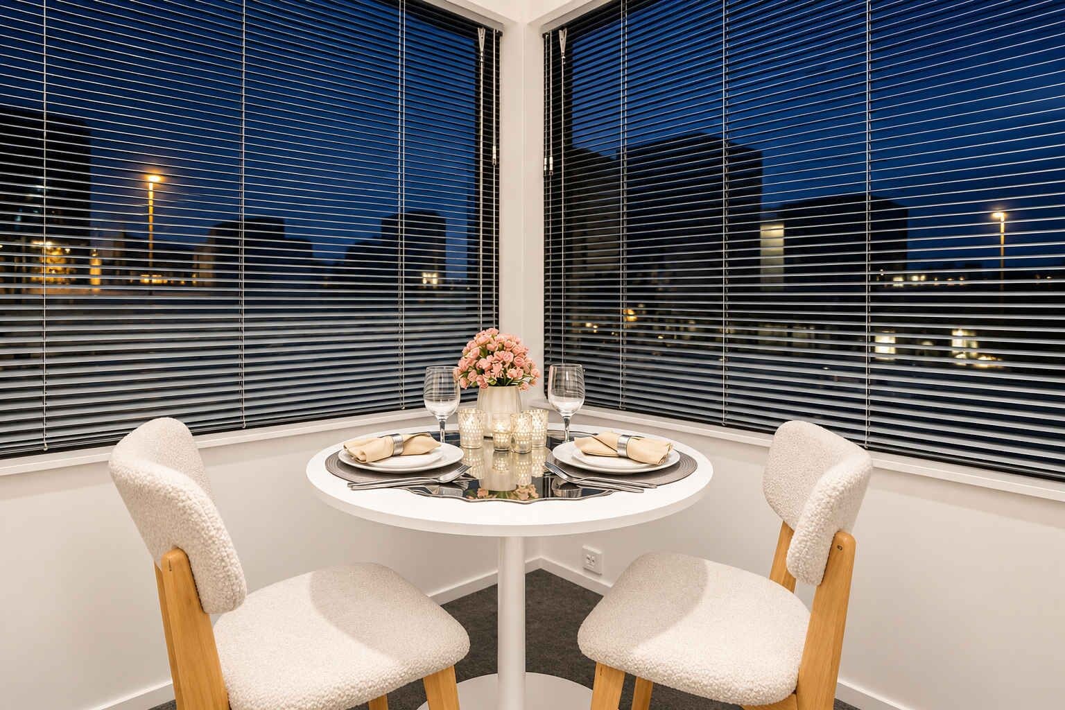 A dining area with a round table, two chairs, and a vase with flowers.