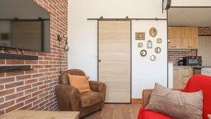A compact living space with a brick wall, a sliding door, a flat-screen TV mounted on the wall, a brown leather armchair, a red sofa, and a kitchen area with wooden cabinets and appliances.