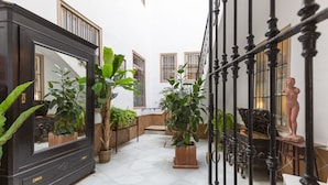 Un patio amplio con un espejo grande, plantas en macetas y una estatua.
