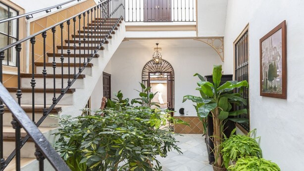 Um interior espaçoso com uma escadaria que leva a um andar superior, plantas em vasos e um lustre.