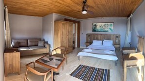 Ein Zimmer mit einem Bett, einem Schlafsofa, einem Sessel, einem Holztisch und einem Fenster.