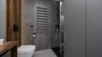 Shower, hair dryer, shampoo