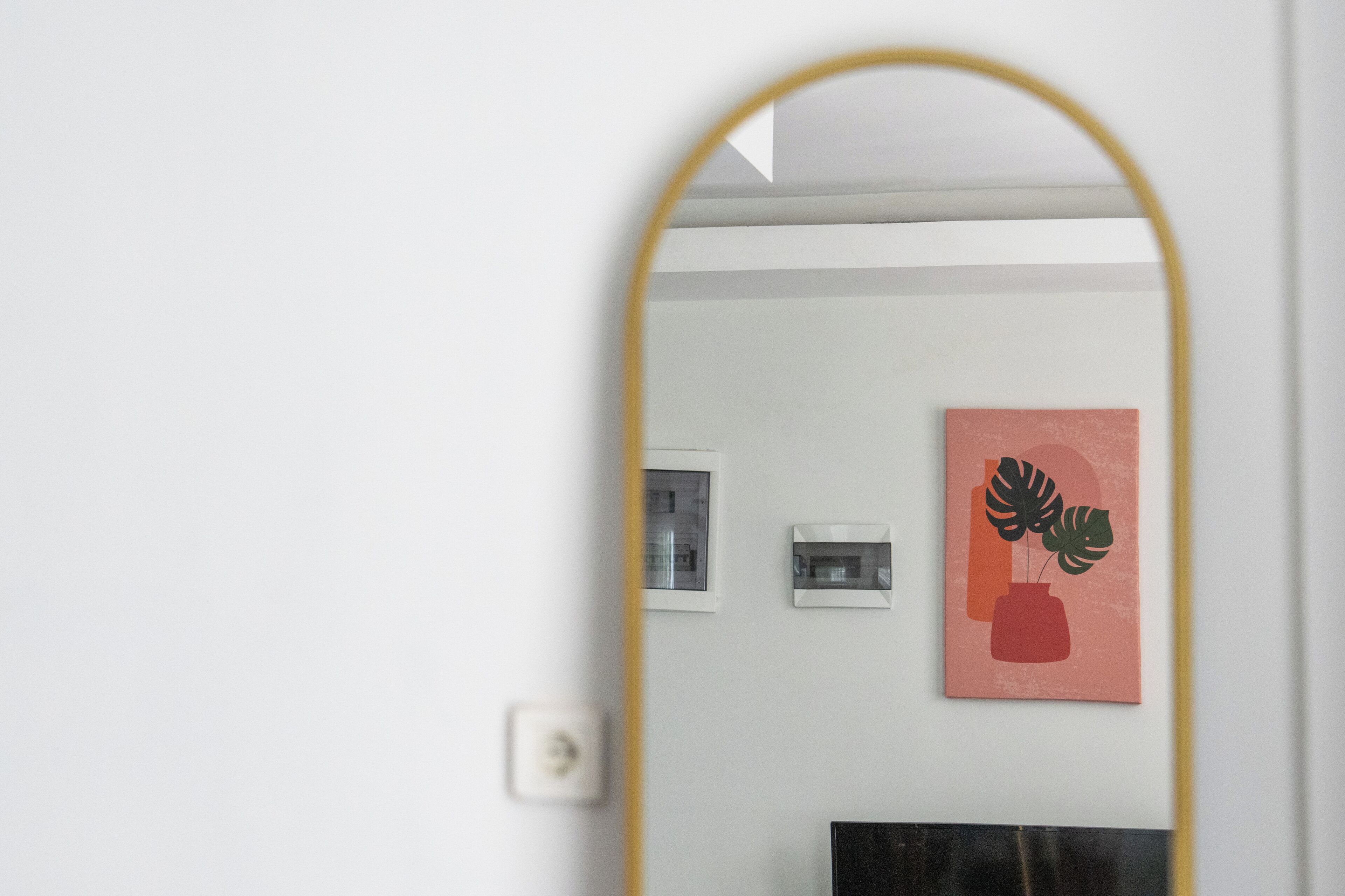 Espejo con marco dorado que refleja una habitación con un cuadro enmarcado de una planta.