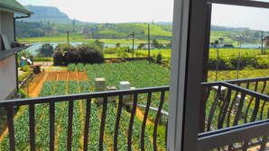 A balcony with a view of a green landscape, including fields and a distant river.