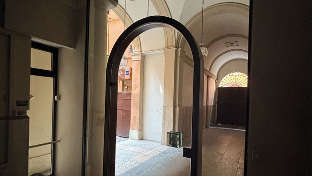 An interior corridor with a glass door leading to a courtyard. - Farini House - apartment in Modena (Modena)