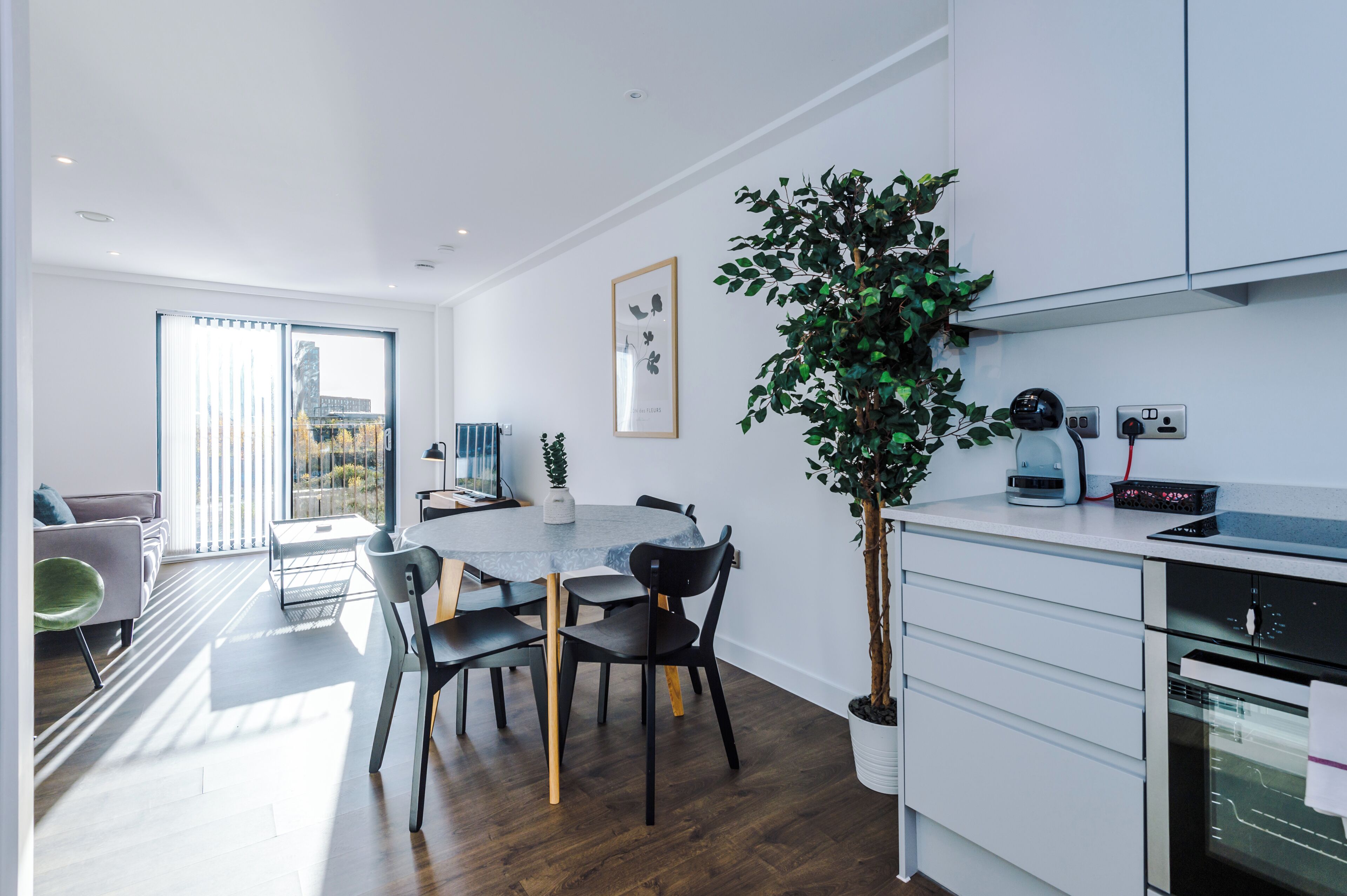 A modern kitchen with a dining area, a large window, and a potted plant.