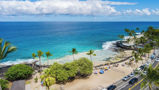 A beach with palm trees, a rocky shoreline, and a clear blue sky. - Magic Sands Light Hawaii Oasis: Steps to Beach, AC (Kailua Kona)