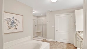 Shower, jetted tub, hair dryer, towels