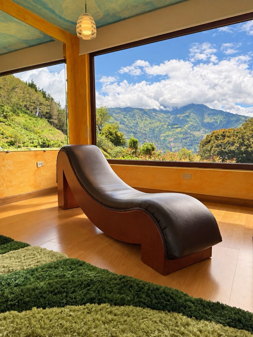 A room with a large window, a single reclining chair, and a wooden floor.