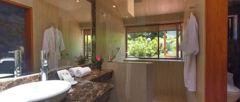 A modern bathroom with a large sink, mirror, and window.