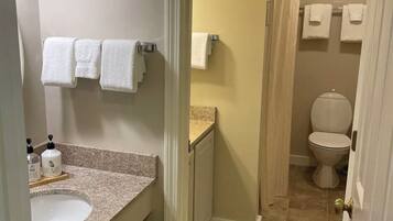 Sèche-cheveux, serviettes fournies, savon, shampoing