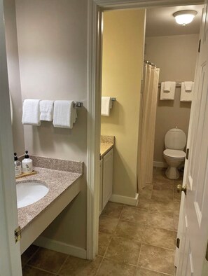 Hair dryer, towels, soap, shampoo