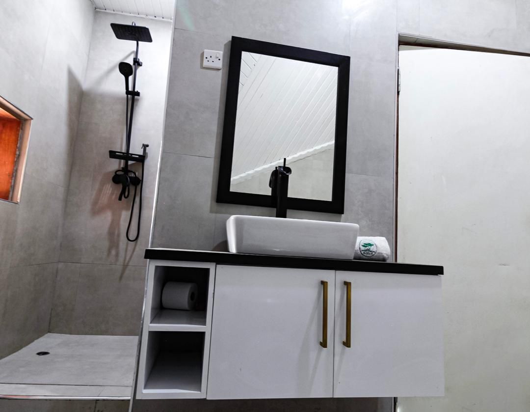 Ein modernes Badezimmer mit Waschbecken, Spiegel und Dusche.