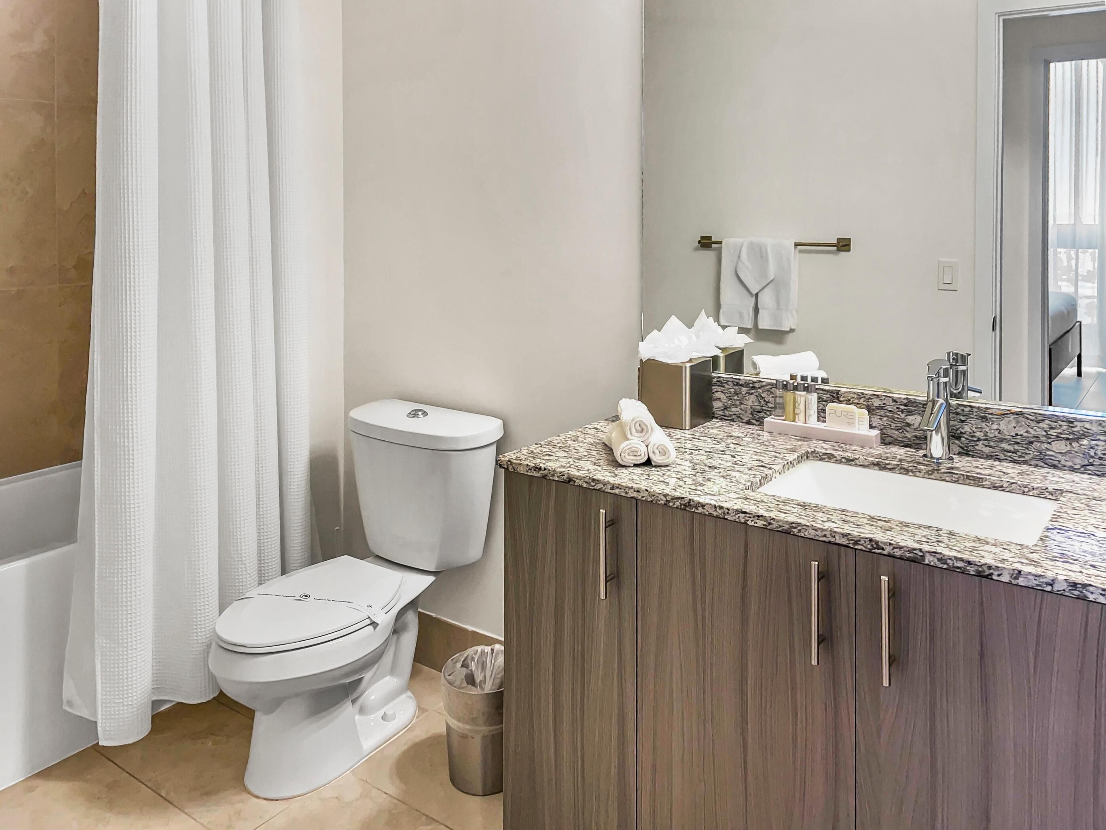 A modern bathroom with a toilet, shower curtain, vanity with a sink, and a mirror.