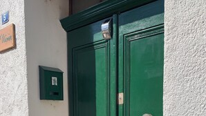 Puerta verde doble con buzón y timbre.