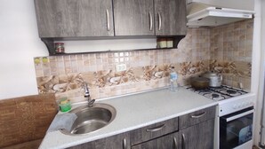 A kitchen with dark wooden cabinets, a stainless steel sink, a gas stove, and a tiled backsplash with floral patterns. - Siyohkoron  (Bukhara)