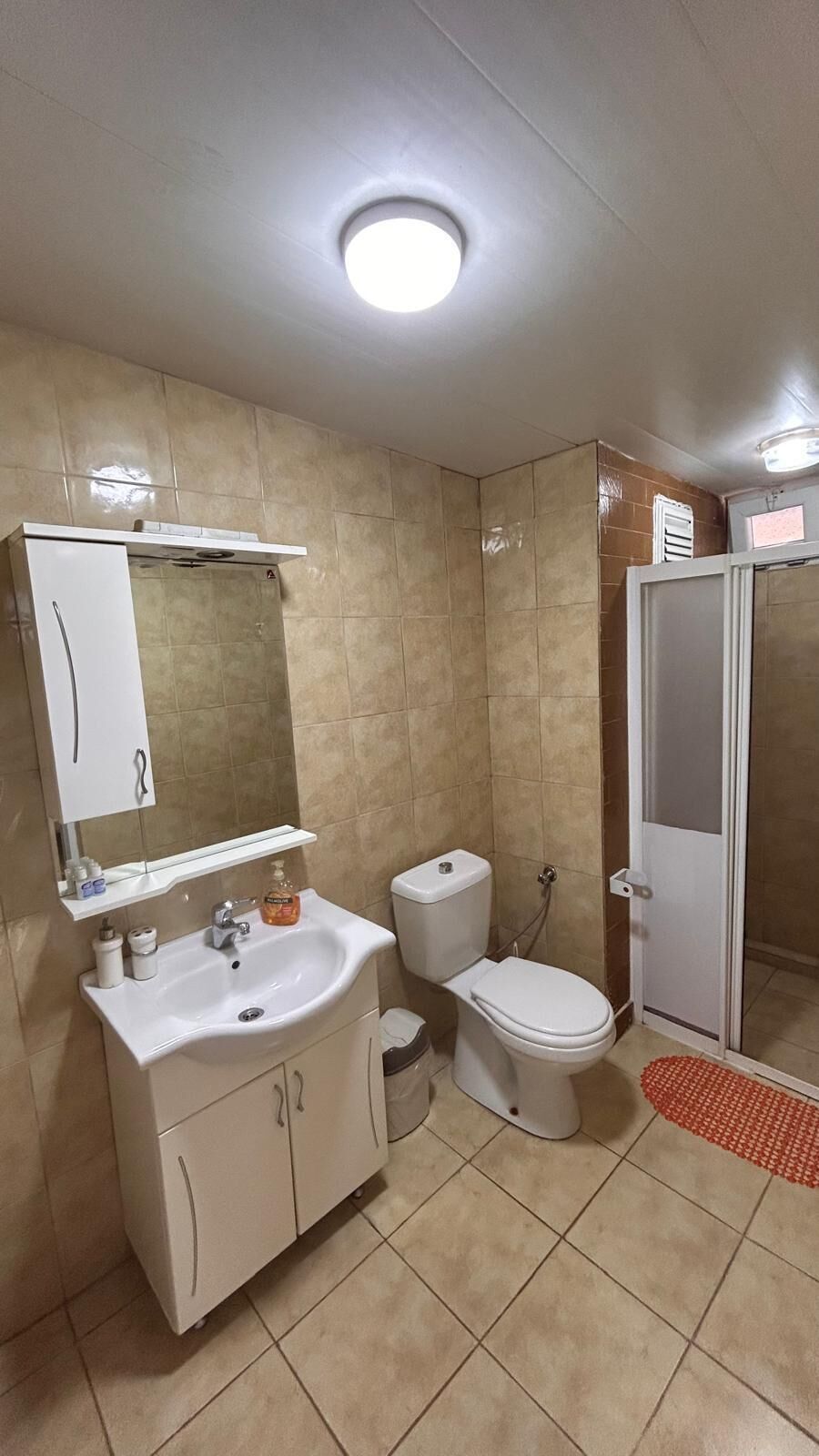 A bathroom with a toilet, sink, mirror, and shower.