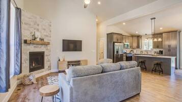 Smart TV, fireplace, books