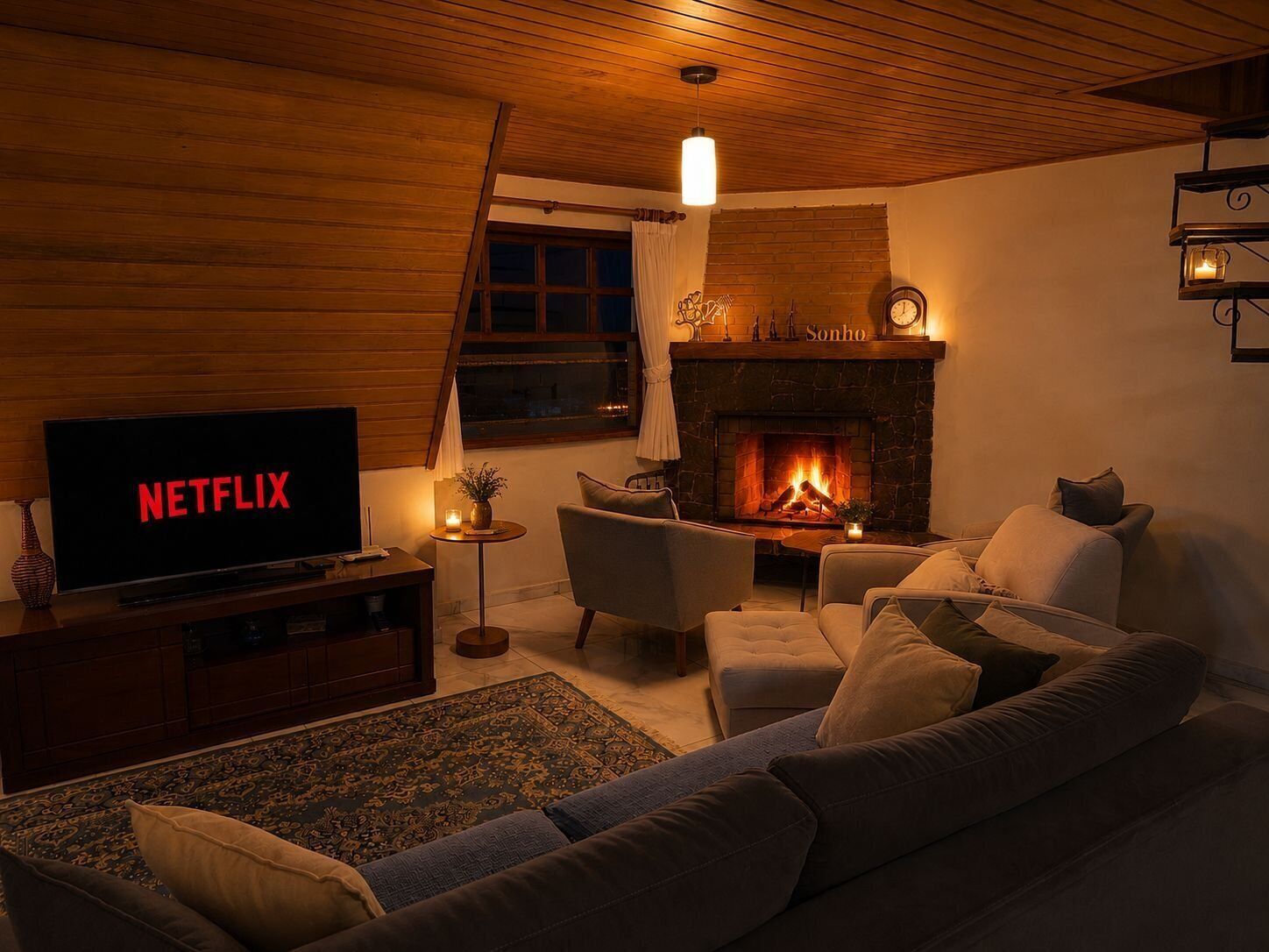 Ein gemütliches Wohnzimmer mit Kamin, Fernseher und bequemen Sitzmöglichkeiten.